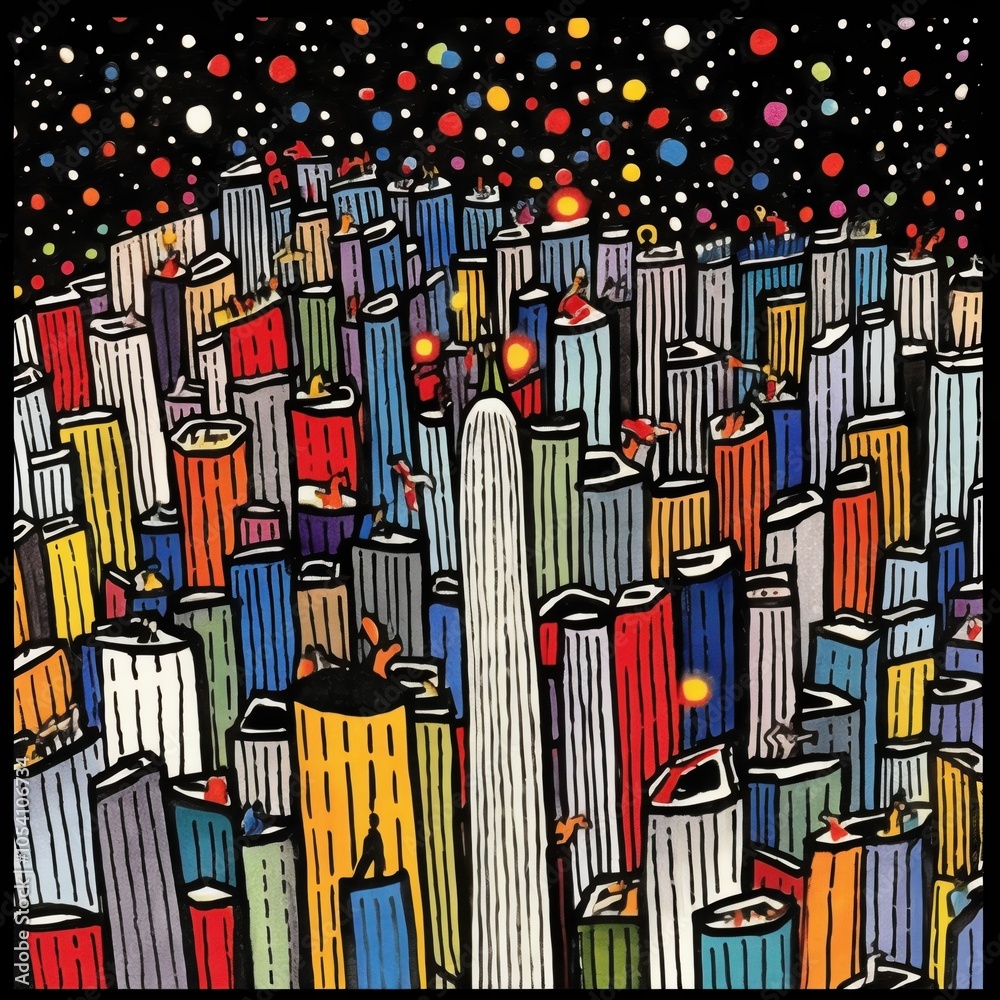 Obraz premium Vibrant abstract cityscape with colorful skyscrapers under a starry night sky.
