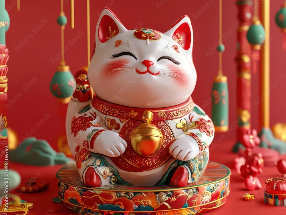 3D representation of a cat in a traditional Chinese style, celebrating the Lunar New Year, ideal for festive displays and greeting card designs. 3D representation of a cat in a traditional Chinese style, celebrating the Lunar New Year, ideal for festive displays and greeting card designs.