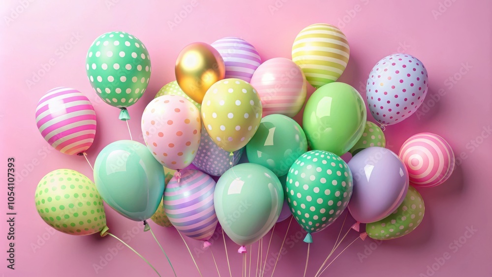 A vibrant cluster of pastel balloons adorned with polka dots, stripes, and swirls against a delicate pink background.
