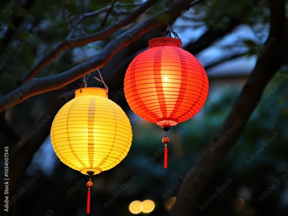 Obraz premium Yellow and red lanterns illuminating the streets during the Chinese New Year festival. Photo taken with an SLR camera.