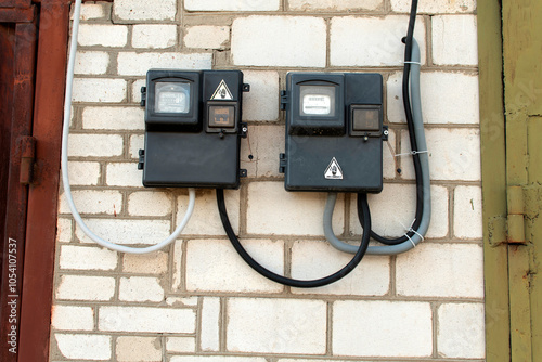 Two electrical boxes on brick wall 