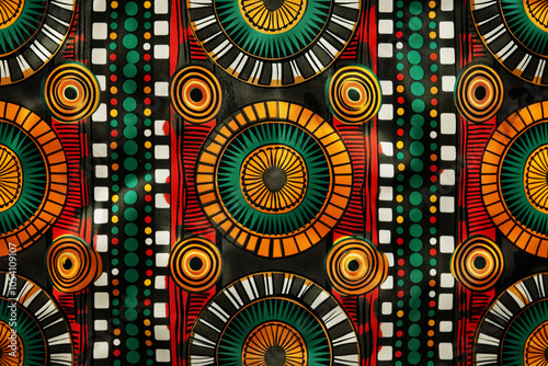 African print pattern with tribal circular designs in red, green, and yellow colors