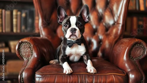 A Boston Terrier with a bow tie lounges comfortably on an antique leather chair, surrounded by books in a warm library photo