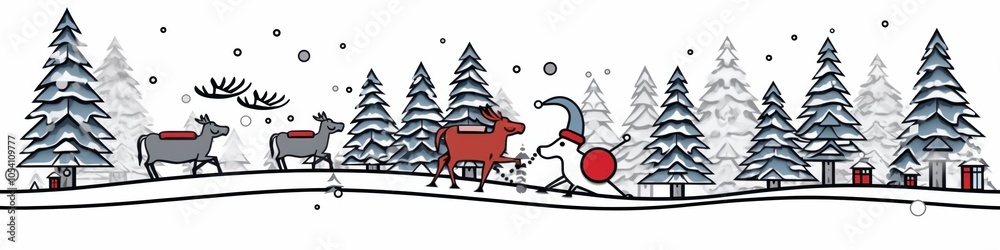 Obraz premium Whimsical winter scene with snowman and reindeer in snowy forest landscape.