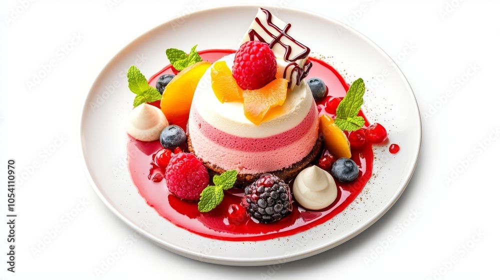 A vibrant dessert featuring layers of mousse, fresh berries, and a raspberry sauce, perfect for any sweet craving. A vibrant dessert featuring layers of mousse, fresh berries, and a raspberry sauce, perfect for any sweet craving.