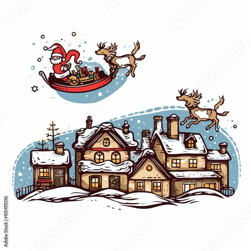 Wallpaper Mural Santa's sleigh soaring over a snowy village with reindeer on a festive night. Torontodigital.ca