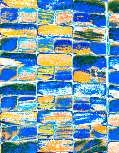 abstract multicolor modern art blue yellow green mosaic tile brick pattern photo