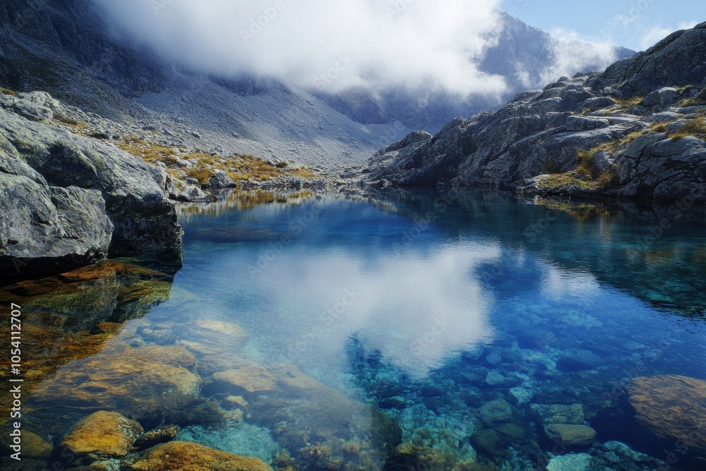 Crystal clear mountain lake reflecting clouds and sky in the pristine water Crystal clear mountain lake reflecting clouds and sky in the pristine water