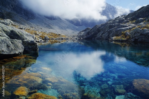 Crystal clear mountain lake reflecting clouds and sky in the pristine water