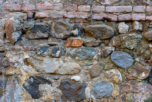 A wall made of stone and bricks. The wall is rough and has a lot of texture. The bricks are of different sizes and colors. The wall appears to be old and has been weathered by time