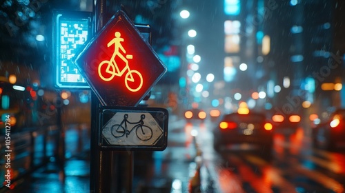 A red and yellow traffic light for pedestrian and bike crossing at night with city lights in the background.