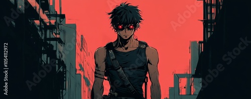 Man with glowing red eyes in urban scene