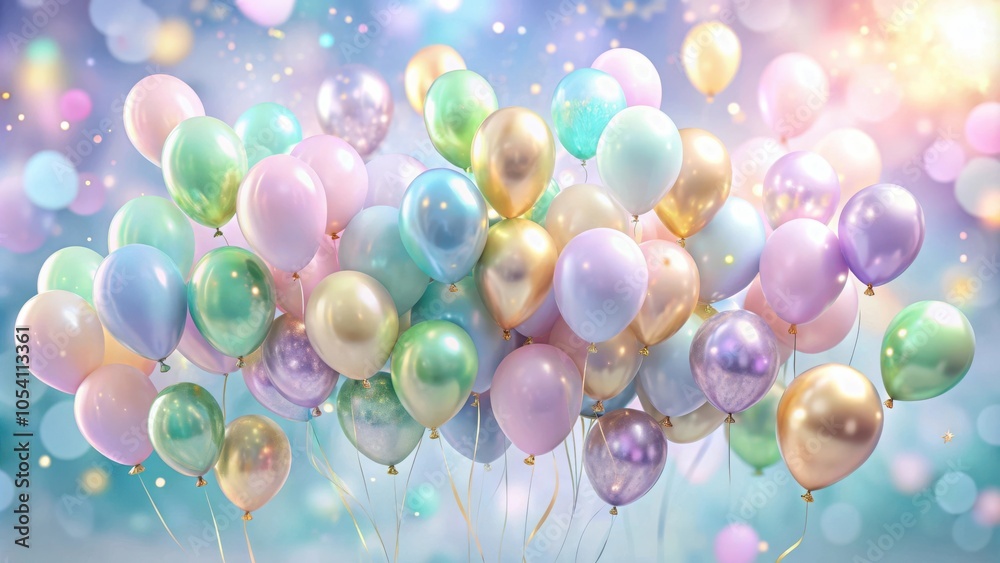 A cluster of iridescent pastel balloons floating against a soft blue bokeh background, celebrating joy and whimsical delight. A cluster of iridescent pastel balloons floating against a soft blue bokeh background, celebrating joy and whimsical delight.