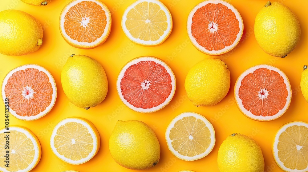 Fototapeta premium Close-up of grapefruit and lemon slices. Juicy refreshing citrus fruits. Fruit background. Illustration for banner, poster, cover, brochure, advertisement, etc.