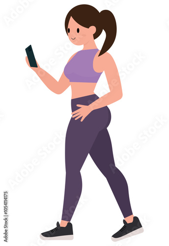 Slim fit woman looking at her cell phone in gym clothes