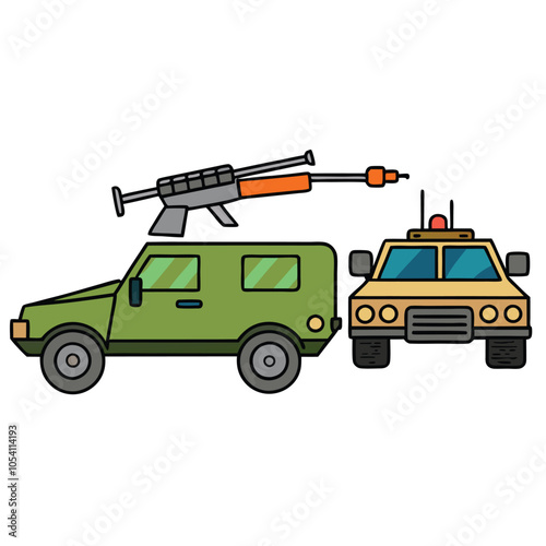 military vehicles and firearms vector and illustration isolated on white background.