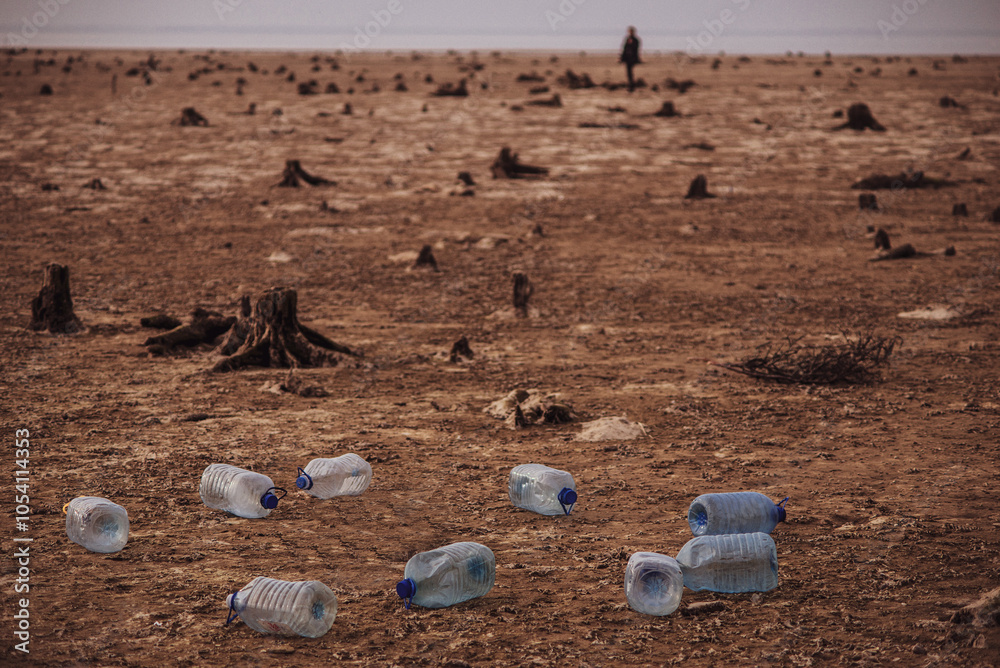 Obraz premium A distant human silhouette, barren land with stumps and scattered empty water flasks in the foreground.