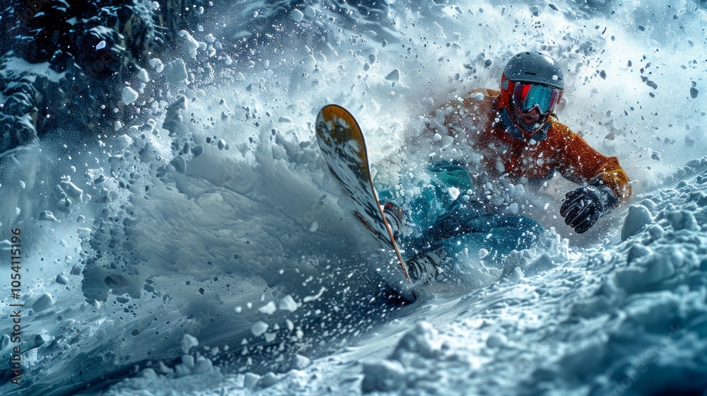 Naklejka premium A skier in an orange jacket and helmet speeds down a snowy slope, creating a spray of powder.