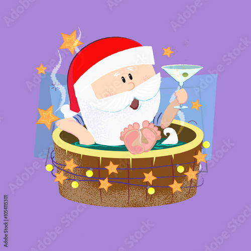 Cartoon Santa drinking cocktail and having outdoor bath at spa resort. Christmas vacation concept. Vector illustration can be used for flyers, festive posters, greeting cards, party invitations