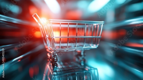 A blurred image of a shopping cart bathed in radiant blue and red hues, creating an abstract representation of shopping as a dynamic, vibrant activity. photo