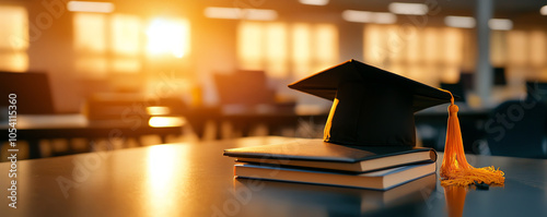 Diploma and cap on a desk with yearbooks, symbolizing academic achievements and sentimental memories