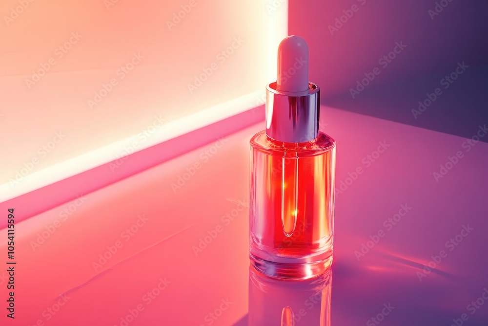 Glass Dropper Bottle with Orange Liquid Against a Pink and Orange Background