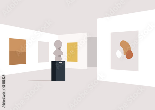 The expansive gallery space is quiet and open, highlighting a central sculpture on display, complemented by various abstract artworks adorning the walls, creating a contemplative atmosphere