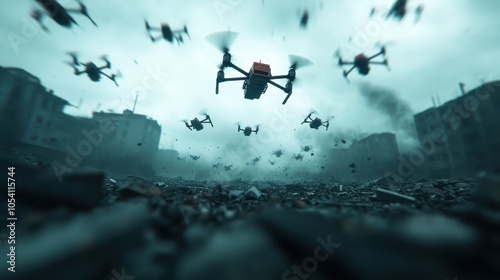 An aerial swarm of drones navigates through a dystopian cityscape, showcasing a futuristic and ominous scene, filled with technology and impending tension. photo