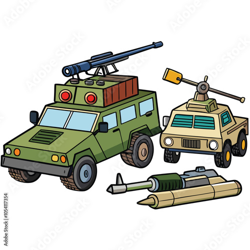 military vehicles and firearms vector and illustration isolated on white background.