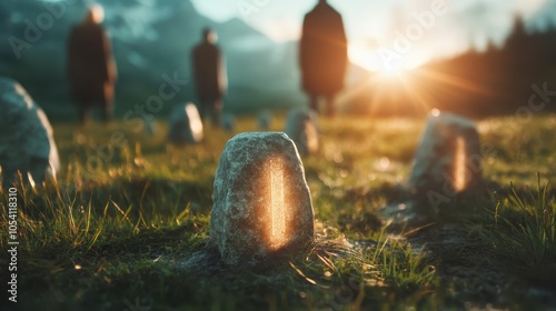 A glowing stone is foregrounded in a wide field, with silhouettes of figures in the distance at dawn, capturing hopes, dreams, and the awakening of day. photo