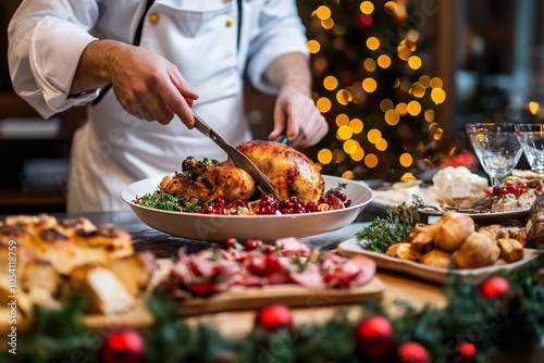 A festive chef carves a beautifully roasted turkey surrounded by holiday delights and warm, twinkling lights for a Christmas feast. Generative AI photo