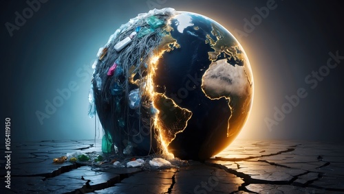 A hauntingly lit, high-contrast photograph showcasing a majestic globe, half-encased in a transparent, dripping plastic waste, with the other half revealing a barren, cracked, and desolate earth photo