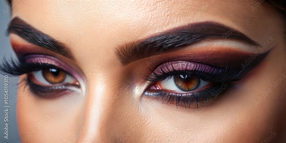 Obraz premium Close-up of a woman's eye with dramatic eye makeup, featuring dark eyeshadow, winged liner, and long lashes, highlighting the beauty of the human gaze.