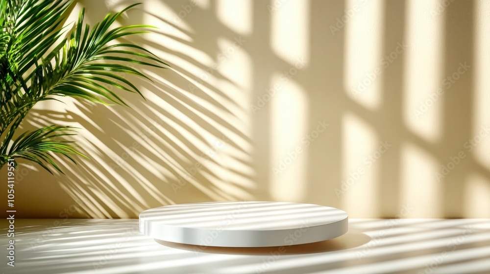 A bright and vibrant image highlighting shadow patterns of leaves on a beige surface, accompanied by a simplistic white podium framed within a warm light setting. A bright and vibrant image highlighting shadow patterns of leaves on a beige surface, accompanied by a simplistic white podium framed within a warm light setting.