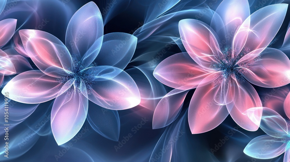 Abstract blue and pink glowing flowers on a dark background. Abstract blue and pink glowing flowers on a dark background.