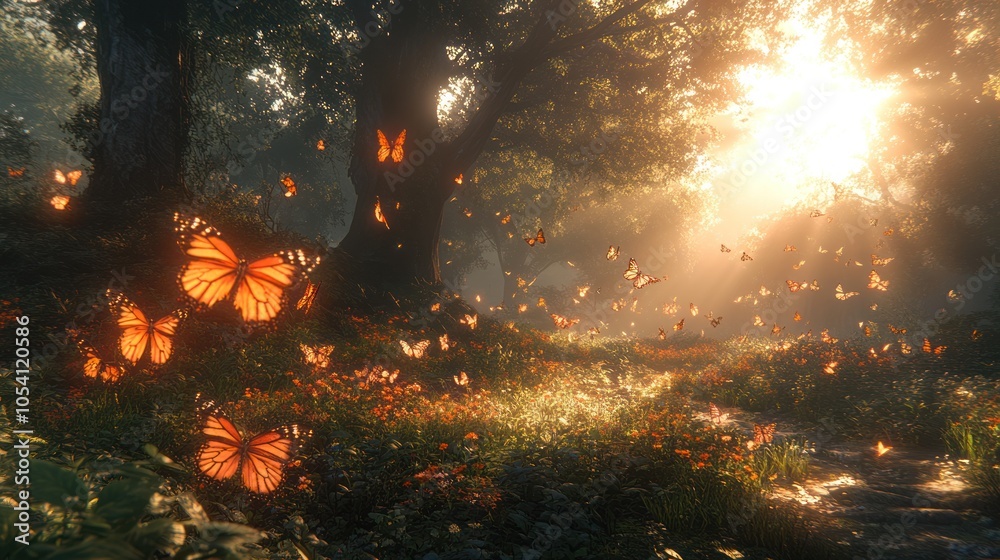 Obraz premium Sunlit Forest Path with Glowing Butterflies
