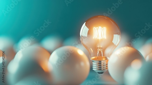 A single glowing light bulb stands out in sharp focus against its blurred surroundings, symbolizing originality and focus, while highlighting technological aesthetic.