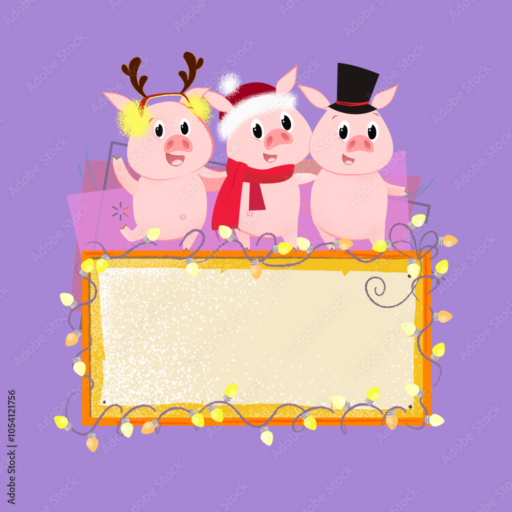 Naklejka premium Company of Christmas pigs dancing on sign with copy space. Christmas party concept. Vector illustration can be used for banner design, festive posters, greeting cards, party invitations