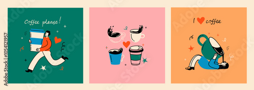 People enjoying coffee. Woman holding takeaway mugs, paper cups. Characters drinking hot morning beverages, americano, cappuccino to go, in trendy retro style.