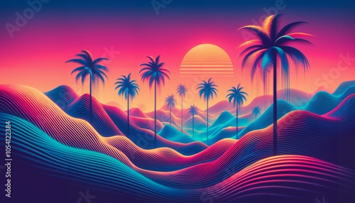 Vibrant retro landscape with palm trees and sunset, colorful and captivating design