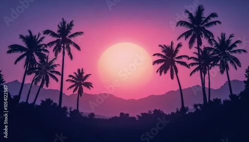 Tropical sunset background with palm trees and vibrant purple sky, serene and atmospheric design
