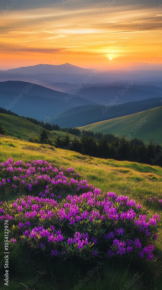 Obraz premium Stunning Mountain Landscape with Colorful Wildflowers at Sunrise : Generative AI