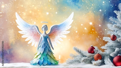 Graceful angel figurine with colorful wings standing beside a snowy Christmas tree in a vibrant festive setting
