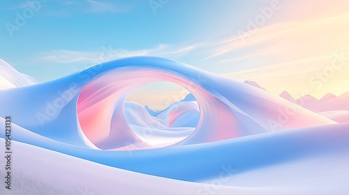 Surreal futuristic desert landscape in pastel colors with abstract dunes and arches under a bright blue sky 3d render photo