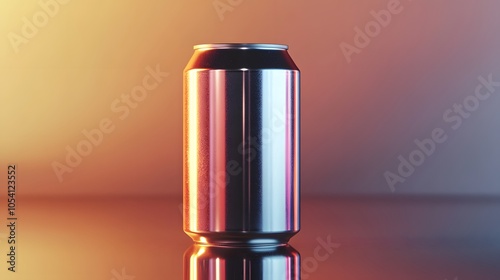 Blank mockup template of a sleek metallic beverage can with custom labeling, mirrored on a reflective surface with elegant lighting.