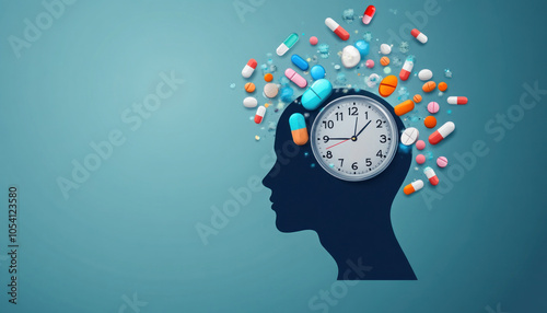 Time management and medication adherence: clock inside human head symbolizing scheduled pill intake