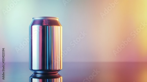 Blank mockup template of a glossy beverage can with custom labeling, its reflection bouncing off a smooth reflective surface.