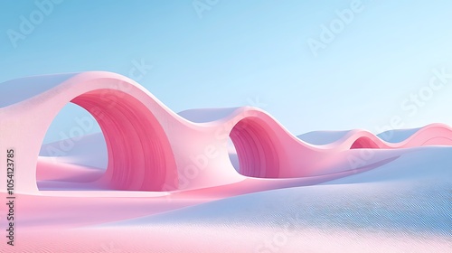 3d render of a surreal pastel landscape with geometric desert dunes and arches under a clear blue sky photo