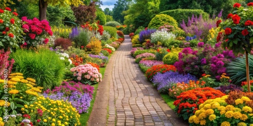 A winding brick path leading through a vibrant garden, bursting with an explosion of colorful blooms, creating a serene and captivating landscape.