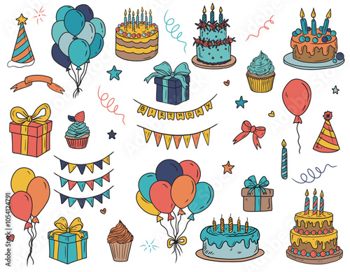 Vector set of happy birthday equipment in blue, orange, red, yellow color. Flying balloons, cake with cream and burning candles, string with triangular flags, cupcakes. Hand drawn sketch illustration